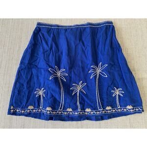 Free People Blue Embroidered Palm Tree Mini Skirt Size M